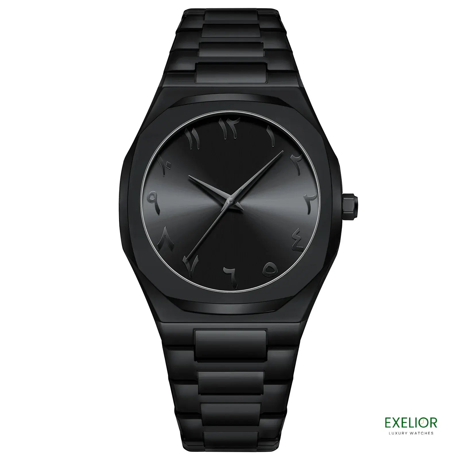 Black watch with a metallic band on a white background, featuring the Exelior brand.