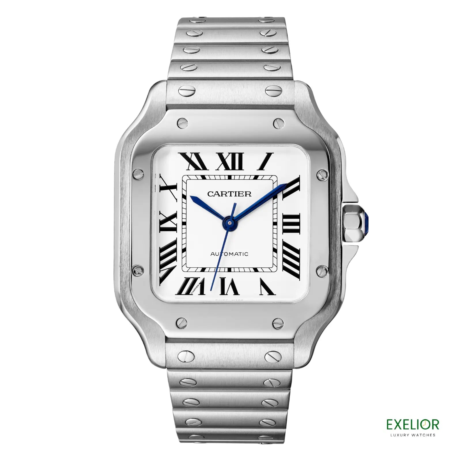 Silver Cartier watch with blue hands on a white background