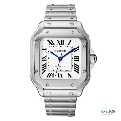 Silver Cartier watch with blue hands on a white background